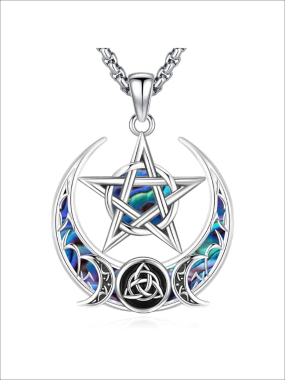 Sterling Silver Pentagram Necklace Triple Moon Goddess Pendant Wiccan Pagan